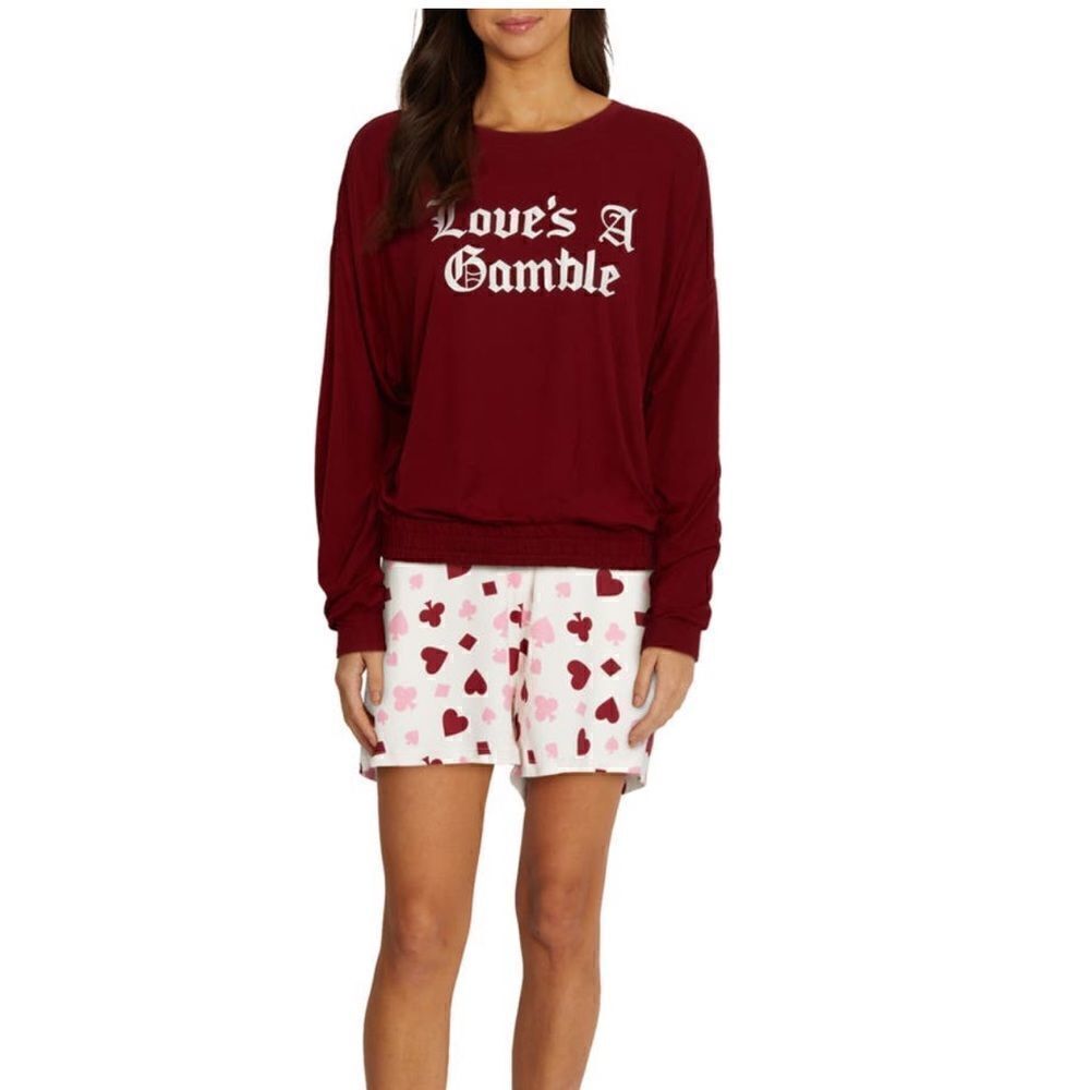 WILDFOX Love's a Gamble Shorty Pajamas Set, 2 Piece, Red Hearts, Large & XL NWT